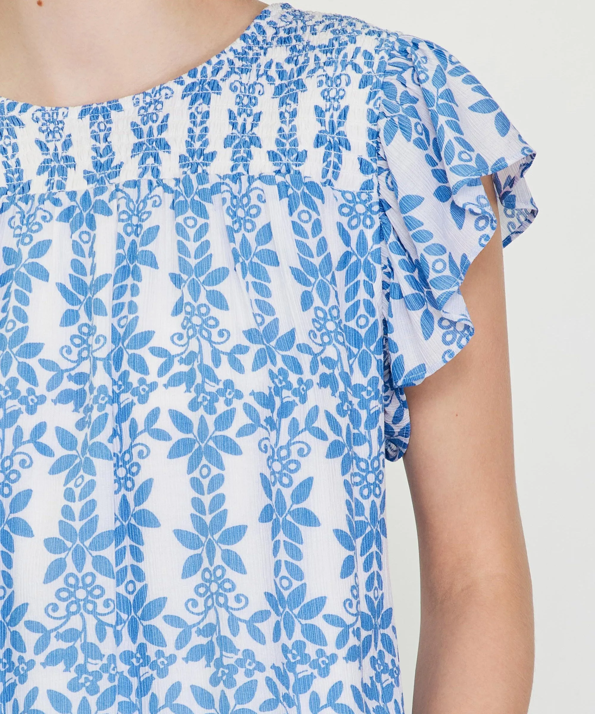 Printed Smocked Yoke Top - Blue