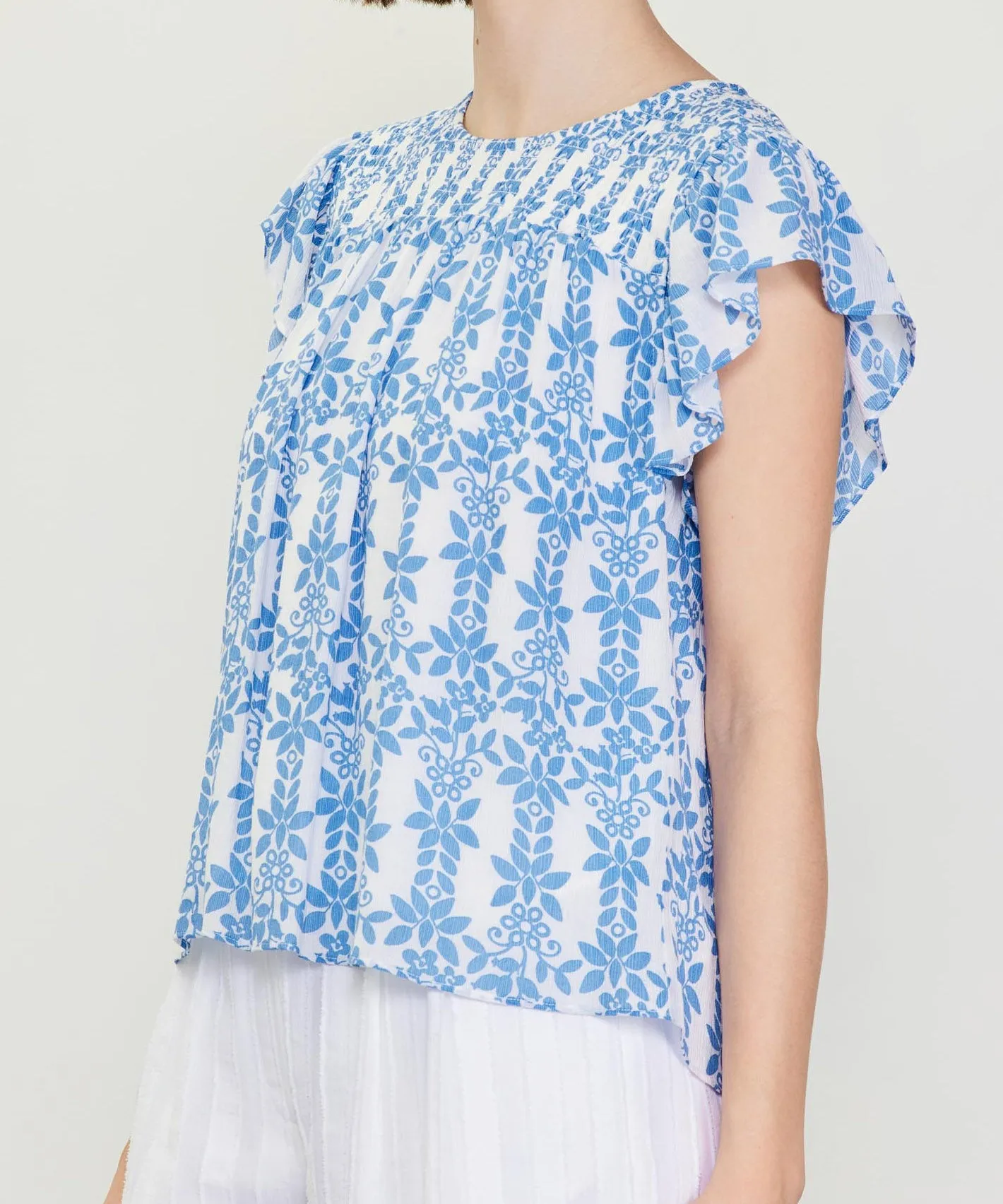 Printed Smocked Yoke Top - Blue