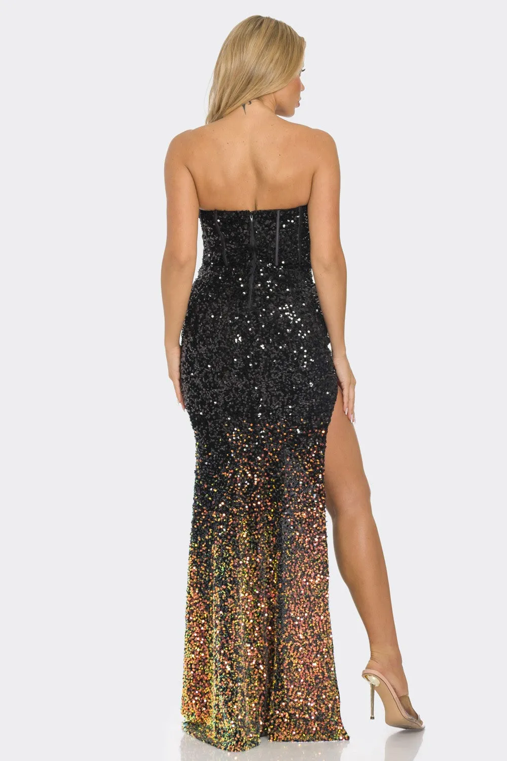 SEQUIN BUSTIER OFF SHOULDER MAXI DRESS