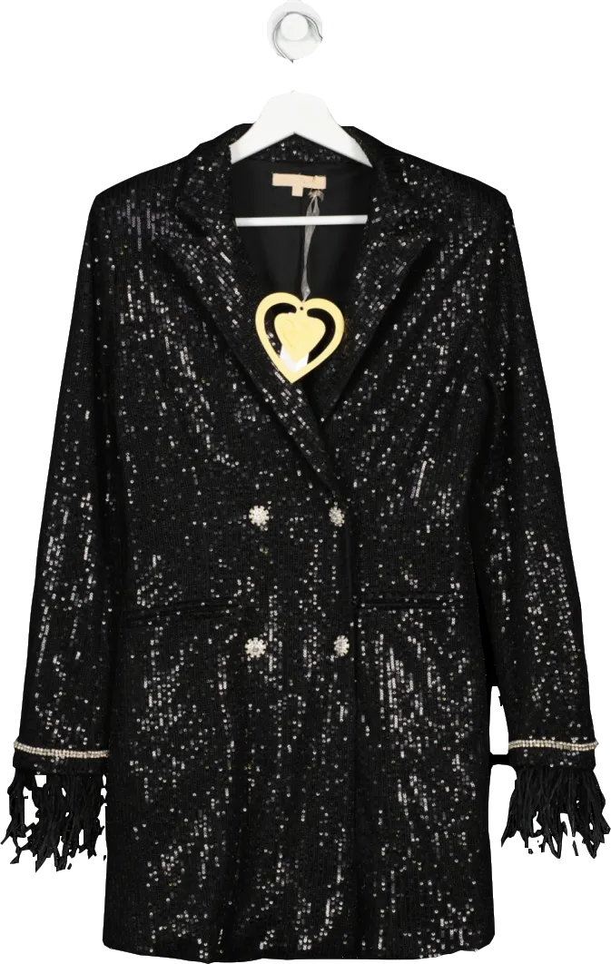 Soky & Soka Black Feather Trimmed Sequin Blazer Dress UK M