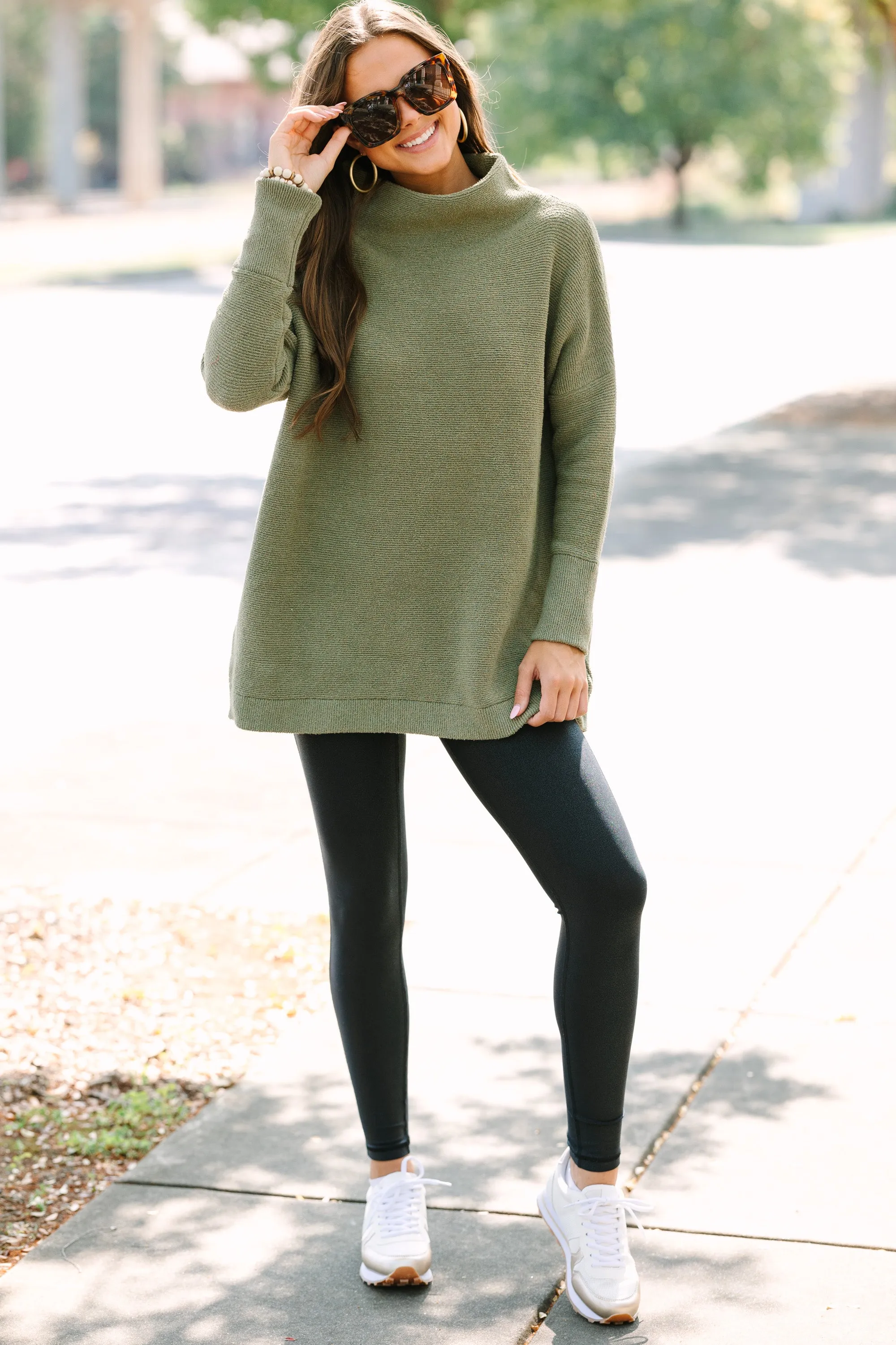 The Slouchy Olive Green Mock Neck Tunic