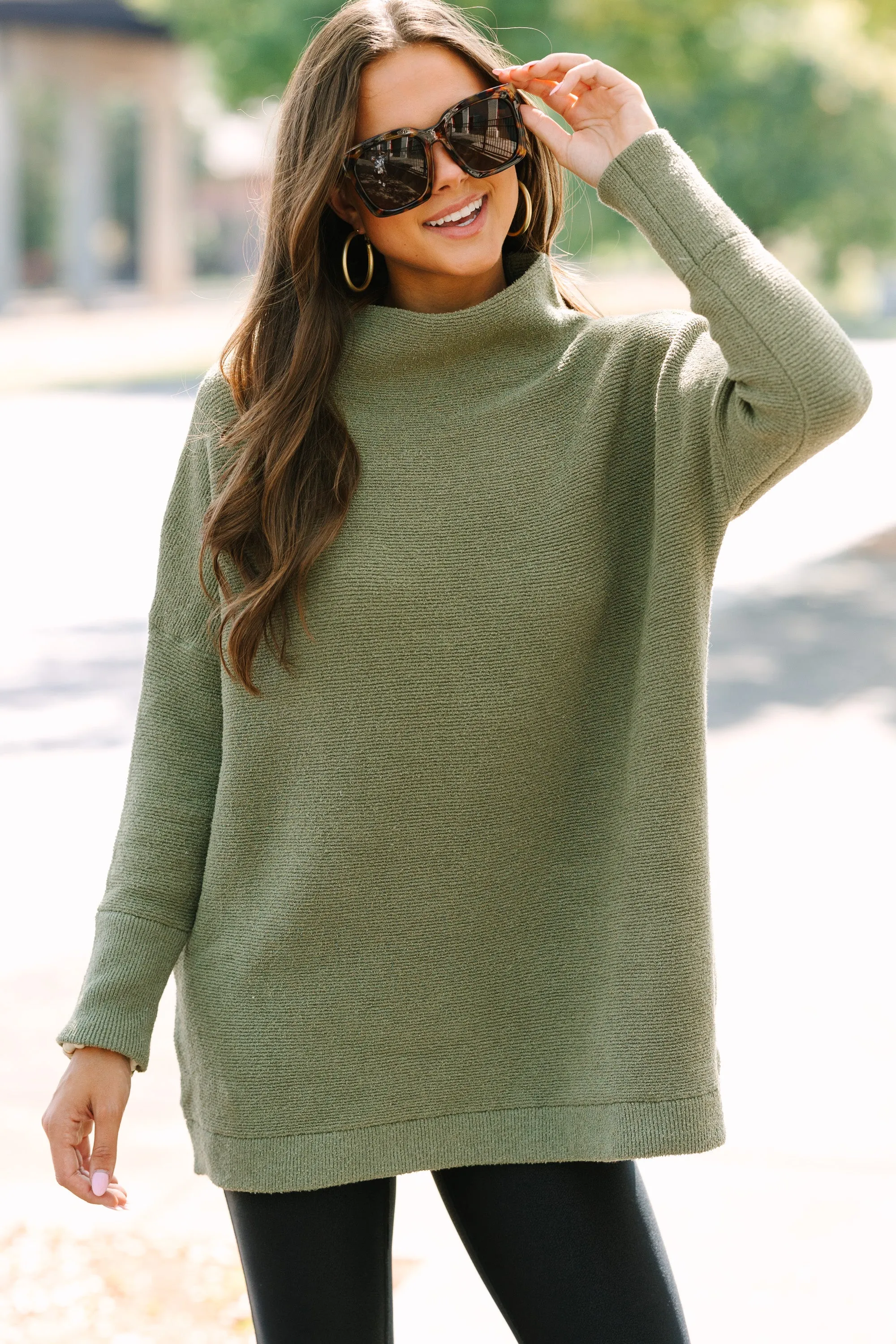 The Slouchy Olive Green Mock Neck Tunic