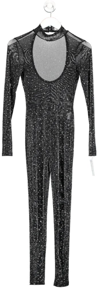 Vera & Lucy Black Embellished Sheer Mesh Jumpsuit UK S