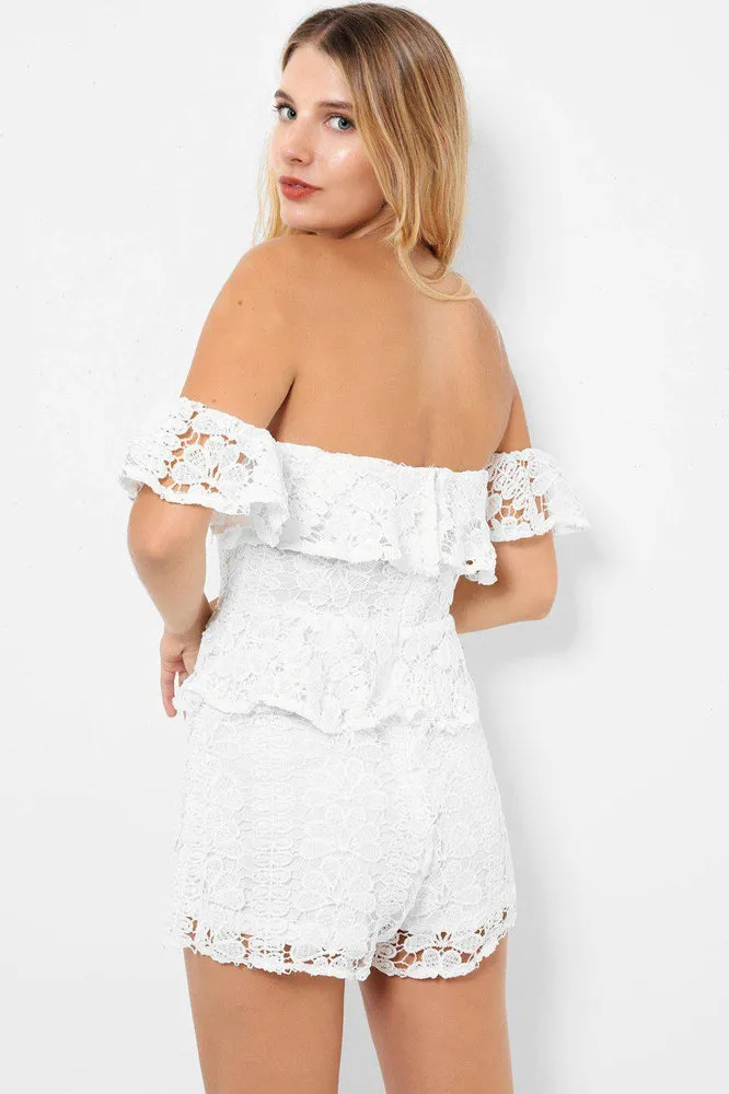 White Lace Peplum Detail Bardot Playsuit