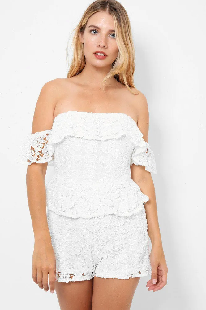 White Lace Peplum Detail Bardot Playsuit