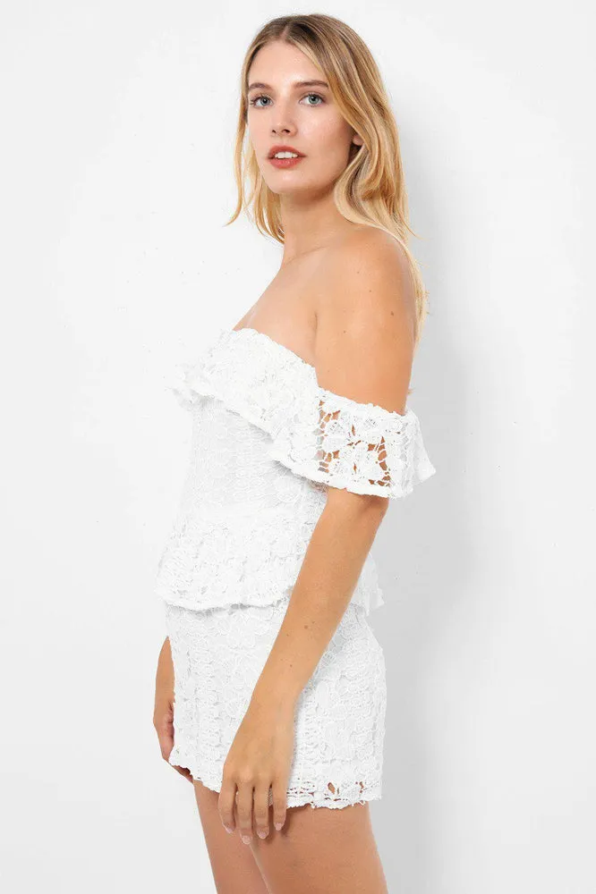 White Lace Peplum Detail Bardot Playsuit