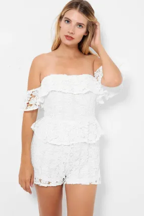 White Lace Peplum Detail Bardot Playsuit