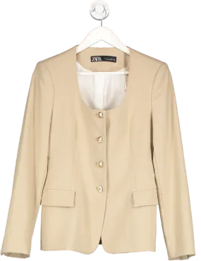 ZARA Womens Beige Scoop Neck Blazer - Size UK S, Stylish and Versatile Outerwear