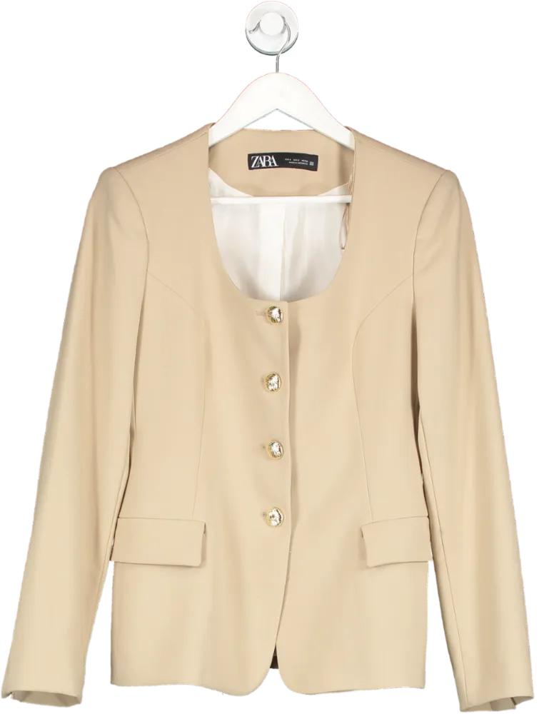 ZARA Womens Beige Scoop Neck Blazer - Size UK S, Stylish and Versatile Outerwear