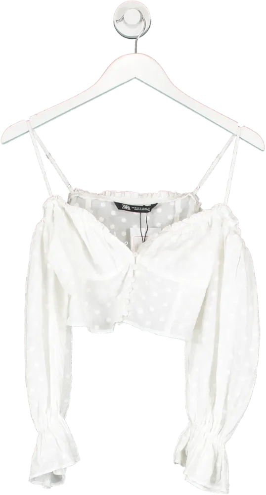 ZARA White Embroidered Long Sleeve Crop Top UK XS