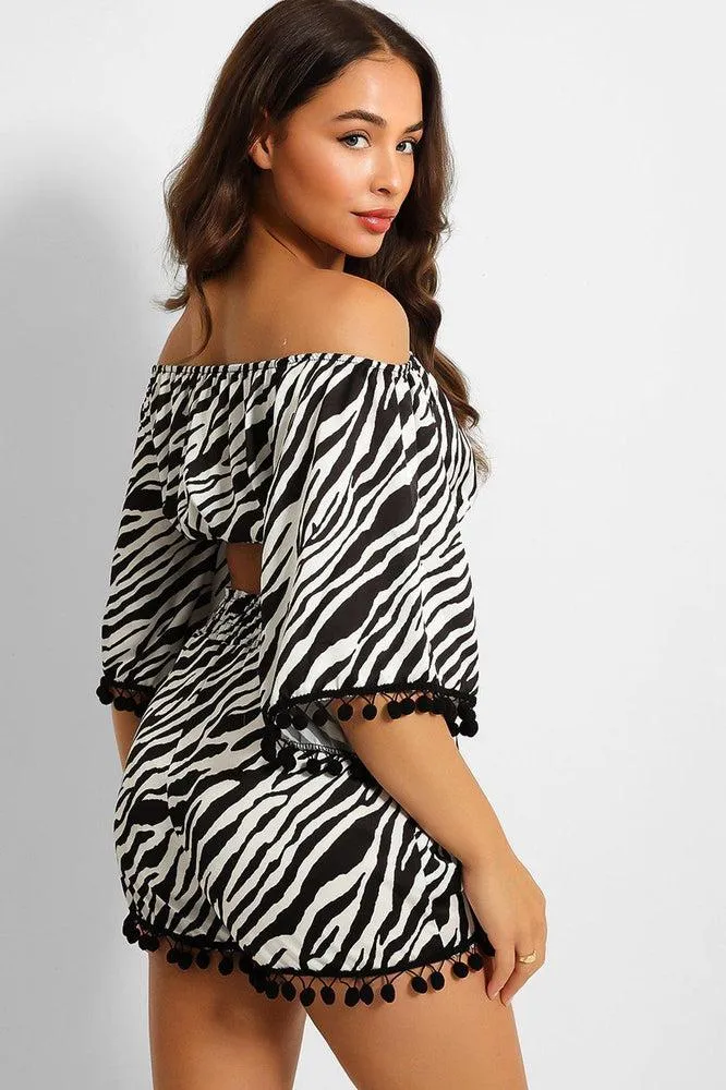 Zebra Print Pom Pom Trim Crop Top And Shorts Set